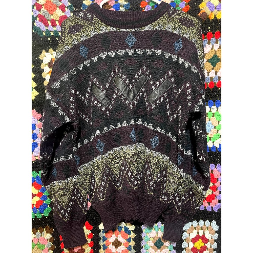 Vintage Impact Knitted Acrylic and Genuine Leather Sweater Medium